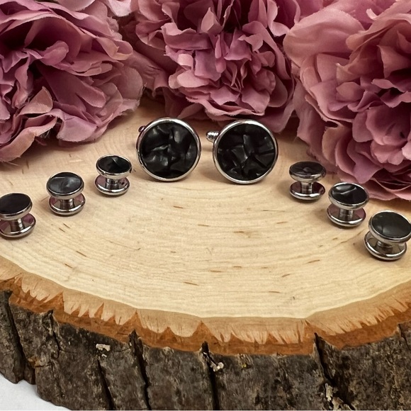 Black Mother of Pearl Cufflinks Tuxedo Studs Formal 8 Pcs Set - Picture 8 of 16